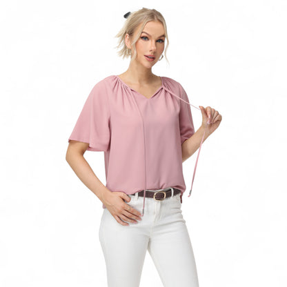 Anna-Kaci Women's Short Sleeve V-Neck Blouse with Gathered Shoulder Detail and Long Neck Tie Accent