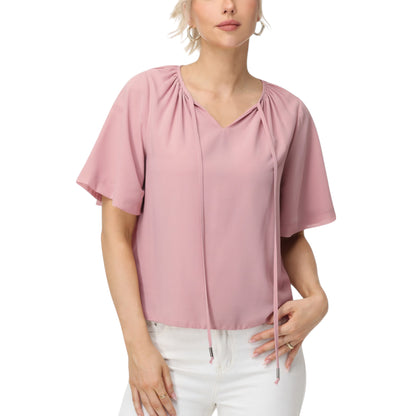 Anna-Kaci Women's Short Sleeve V-Neck Blouse with Gathered Shoulder Detail and Long Neck Tie Accent