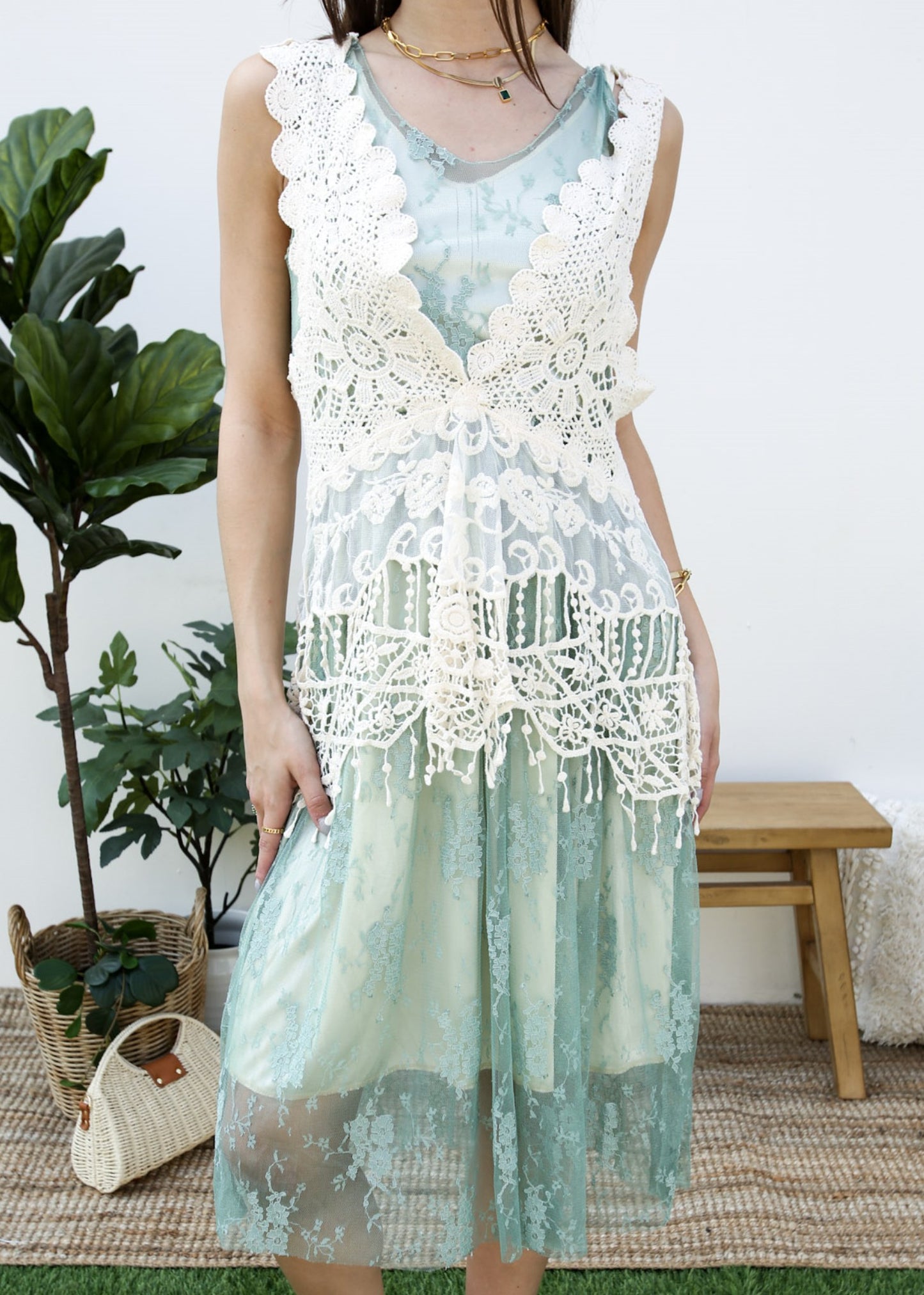 Conjunto de vestido y chaleco de encaje de crochet Gatsby
