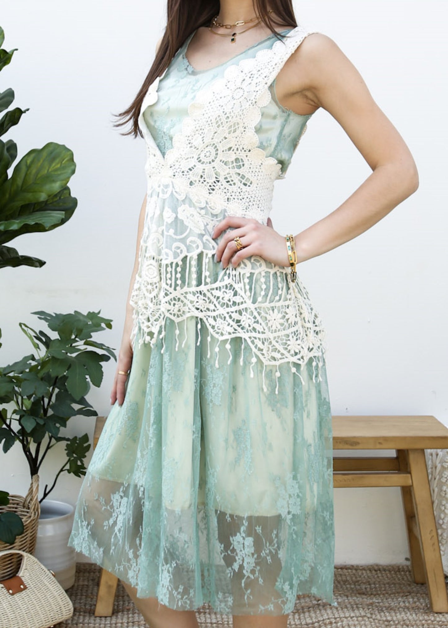Conjunto de vestido y chaleco de encaje de crochet Gatsby