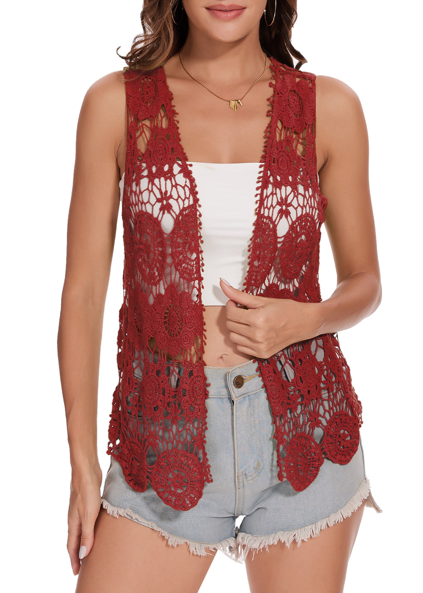 Chaleco abierto al frente con diseño floral de crochet
