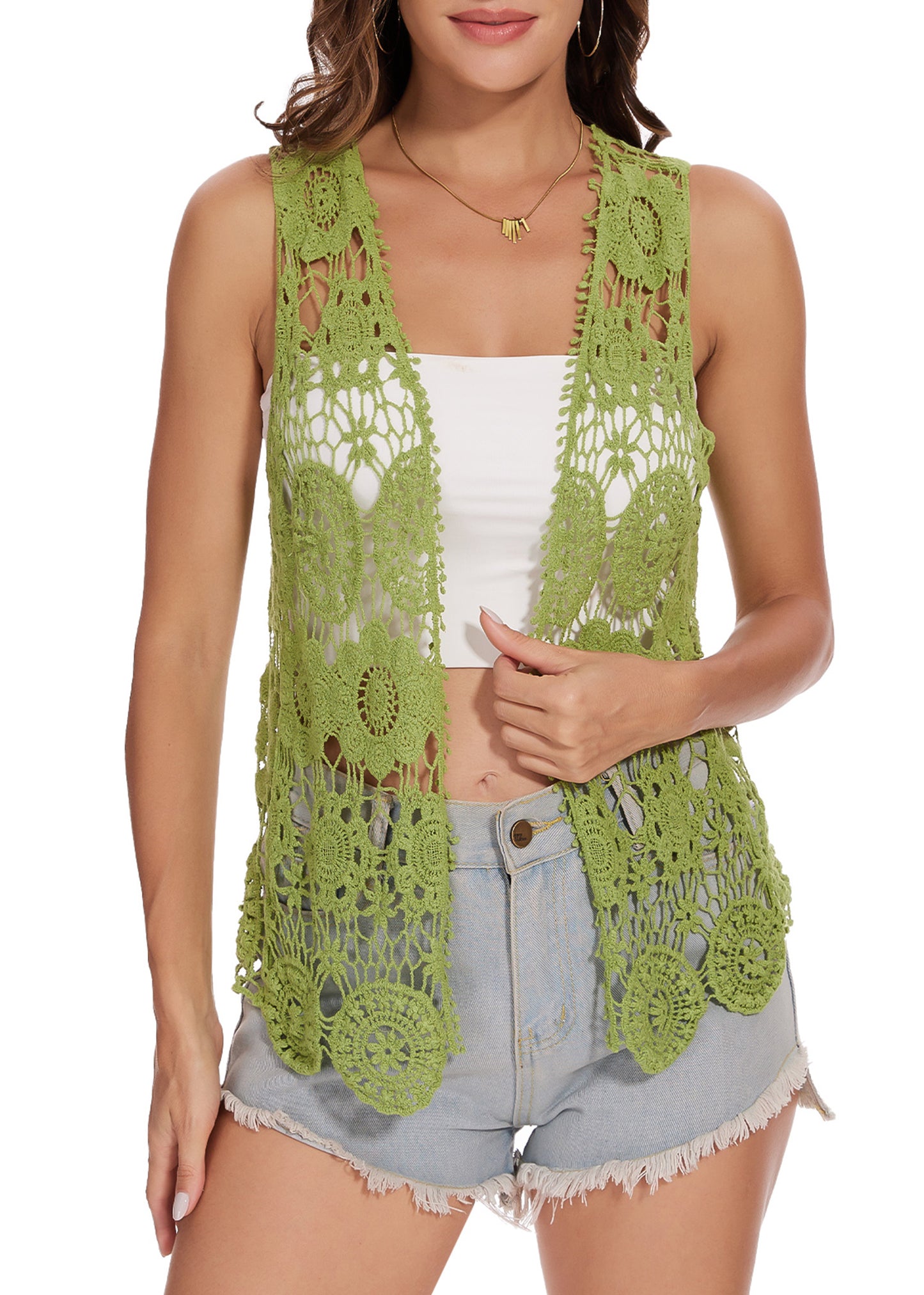 Chaleco abierto al frente con diseño floral de crochet