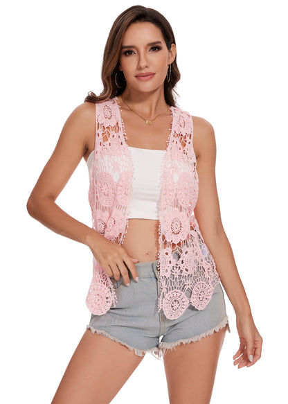 Chaleco abierto al frente con diseño floral de crochet