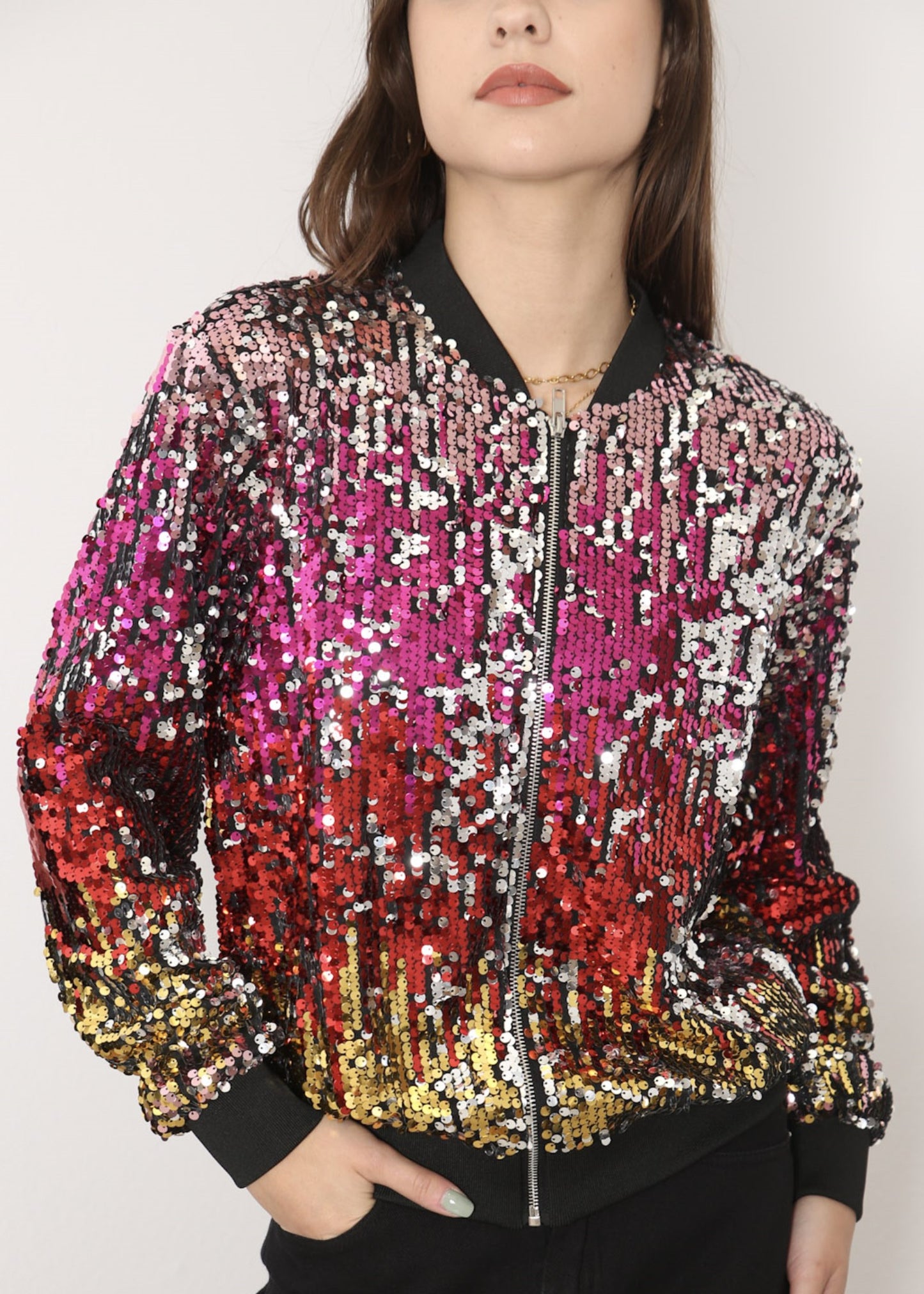 Sequin Bomber Zip-Up Jacket