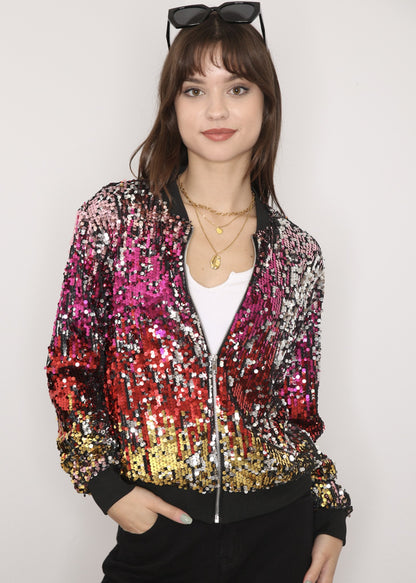 Sequin Bomber Zip-Up Jacket