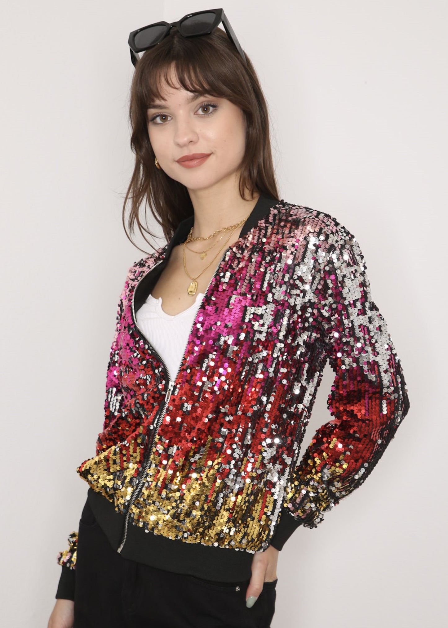 Sequin Bomber Zip-Up Jacket