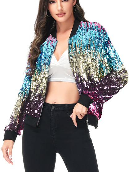 Sequin Bomber Zip-Up Jacket