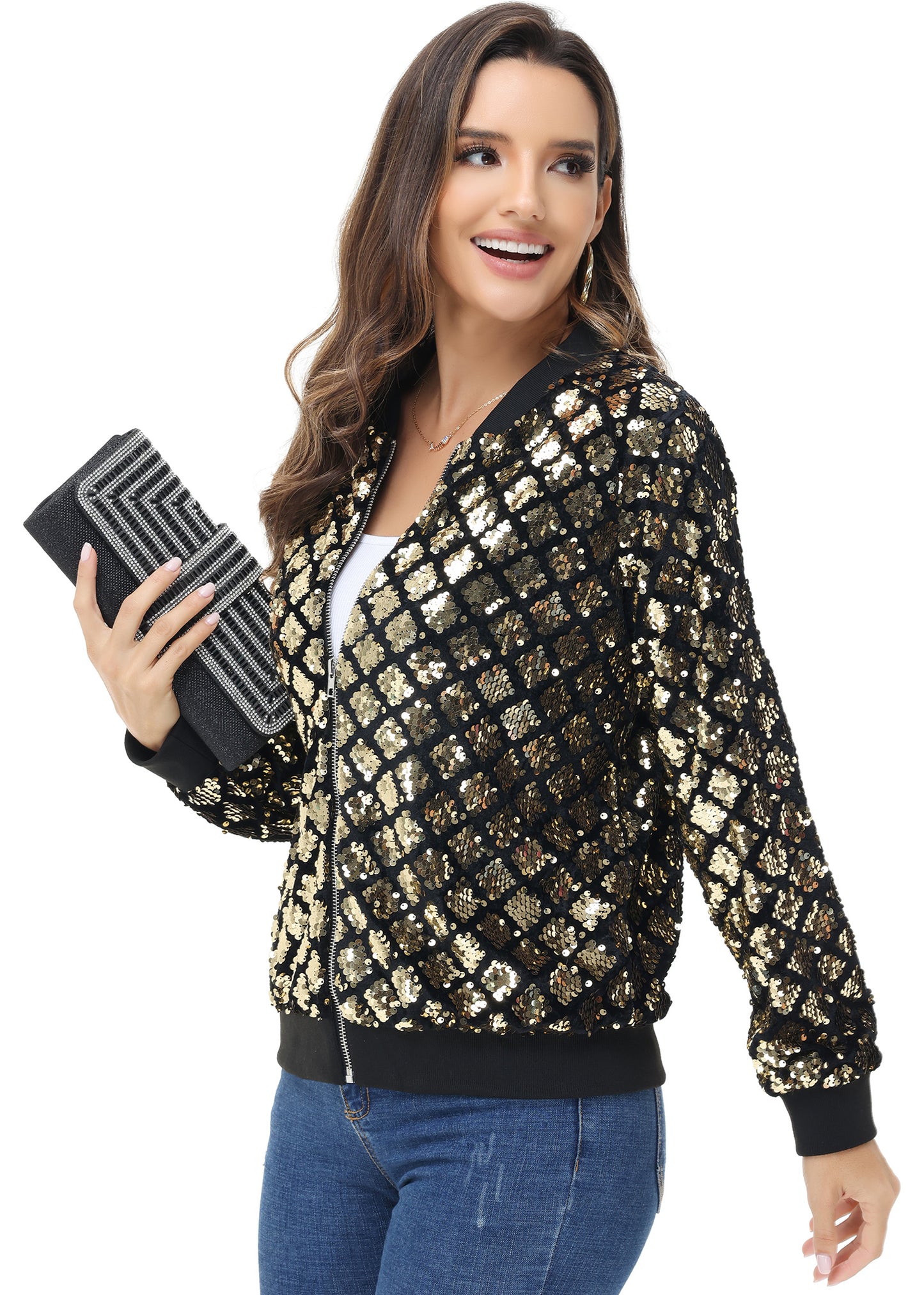 Chaqueta universitaria con lentejuelas metálicas a rayas