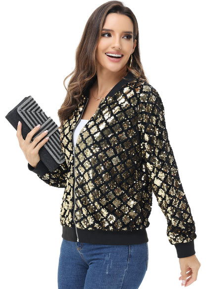 Chaqueta universitaria con lentejuelas metálicas a rayas