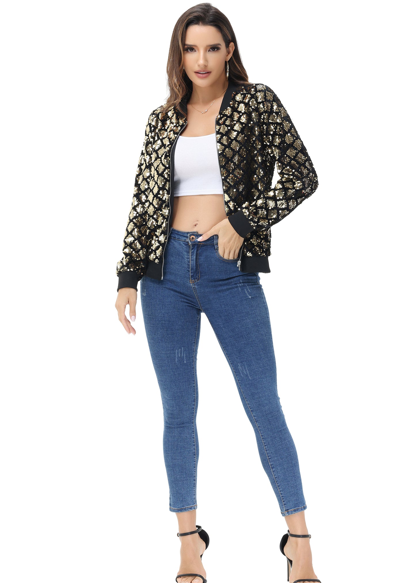 Chaqueta universitaria con lentejuelas metálicas a rayas