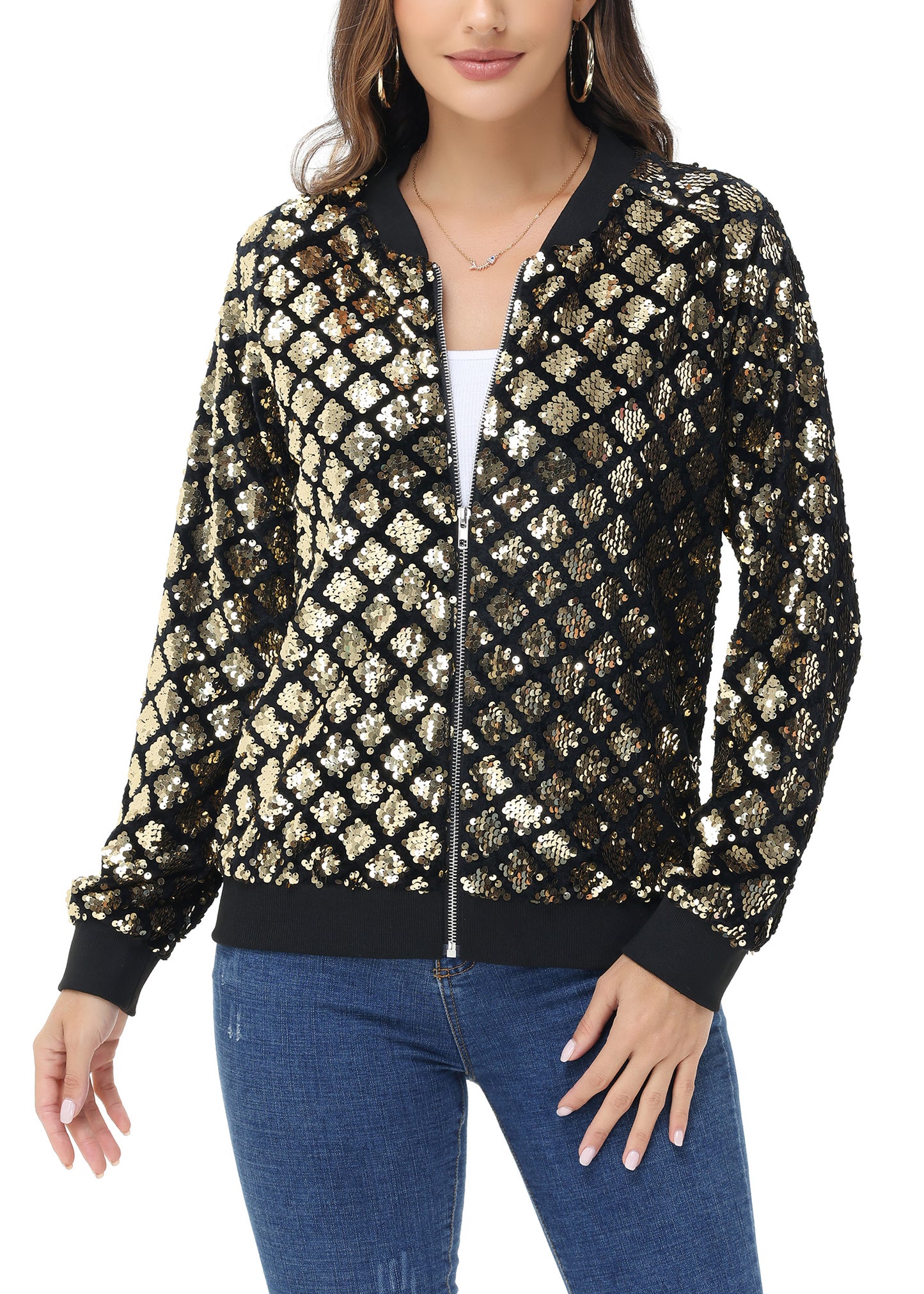 Chaqueta universitaria con lentejuelas metálicas a rayas