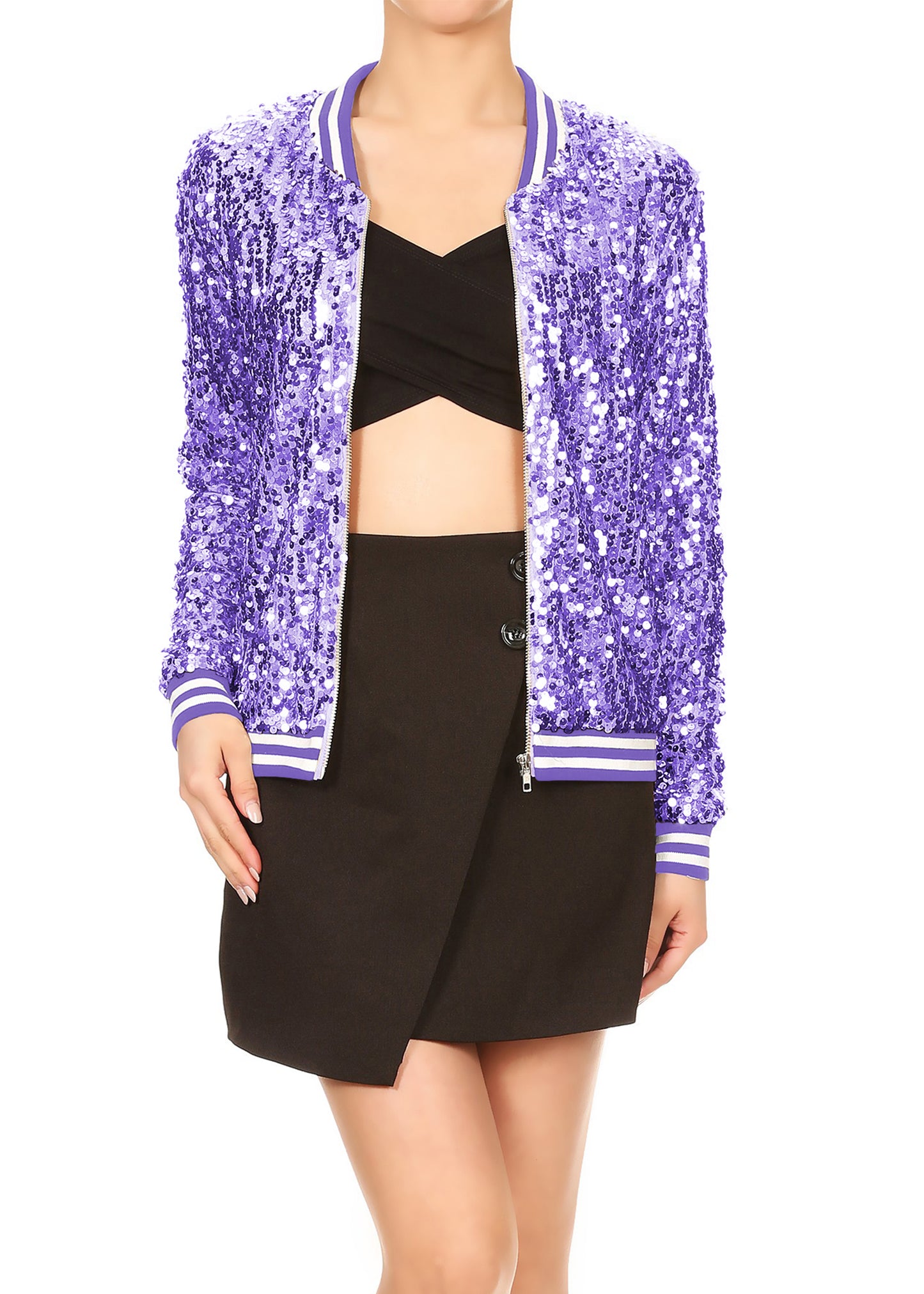 Chaqueta universitaria con lentejuelas metálicas a rayas