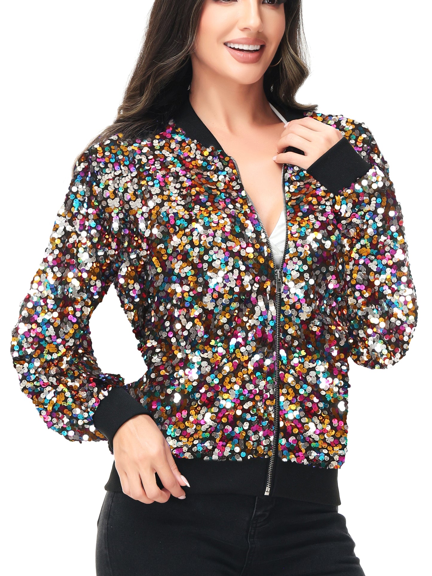 Sequin Bomber Zip-Up Jacket