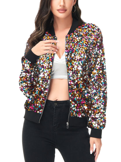 Sequin Bomber Zip-Up Jacket