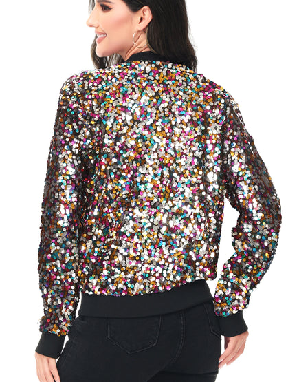 Sequin Bomber Zip-Up Jacket