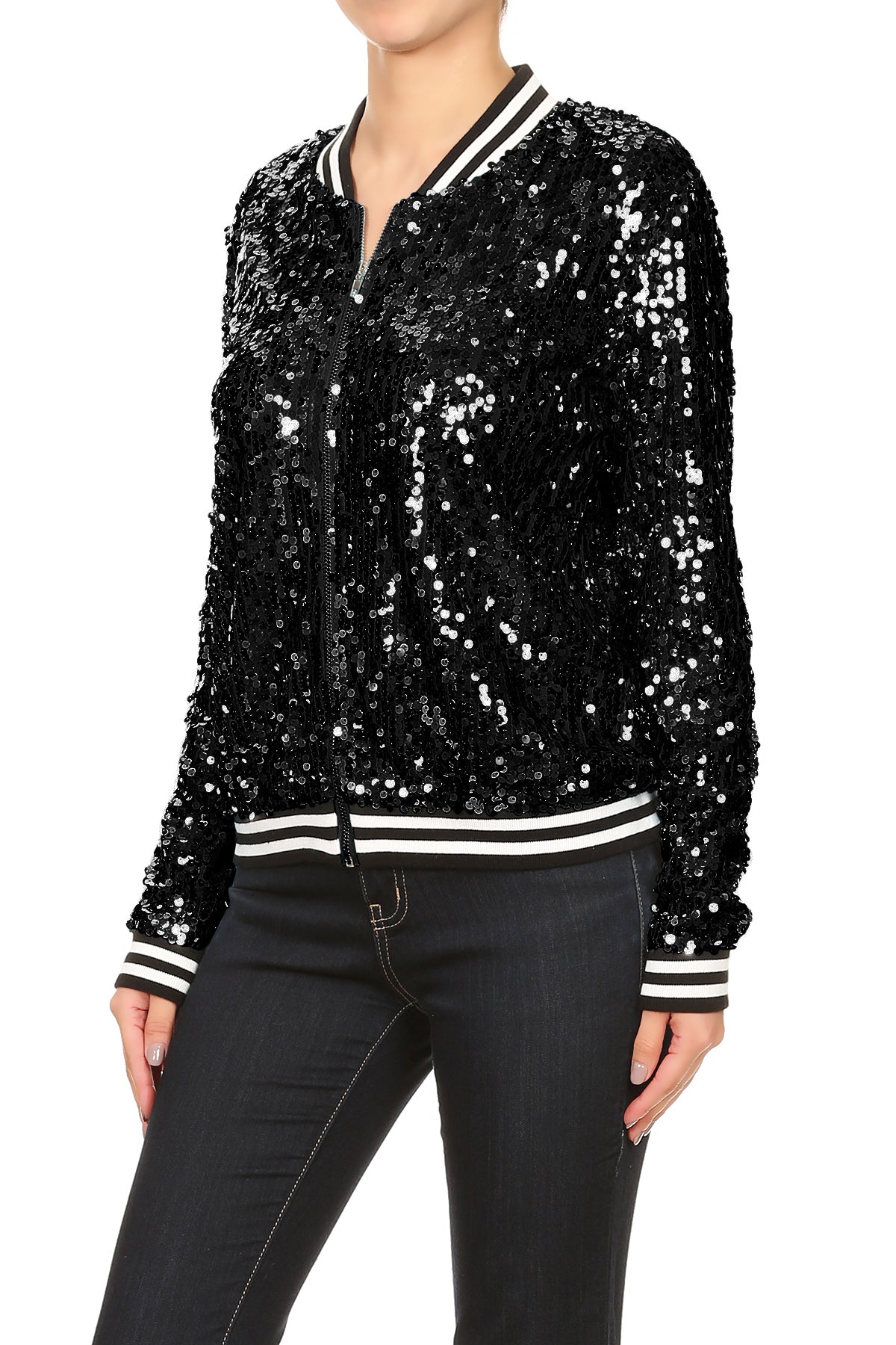 Chaqueta universitaria con lentejuelas metálicas a rayas