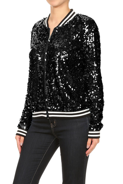 Chaqueta universitaria con lentejuelas metálicas a rayas