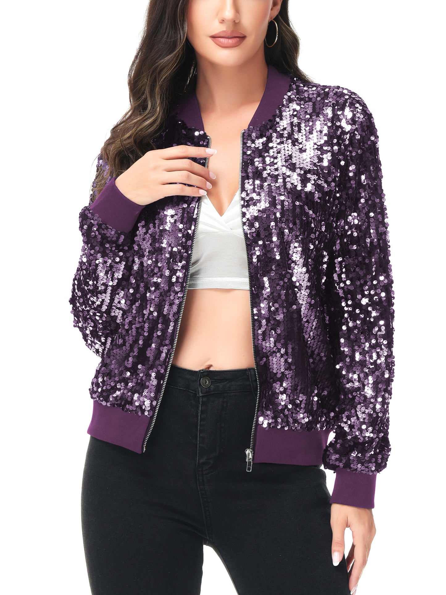 Sequin Bomber Zip-Up Jacket