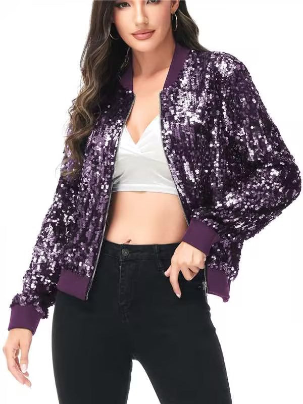 Sequin Bomber Zip-Up Jacket