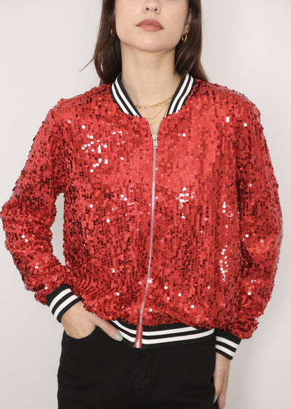 Sequin Bomber Zip-Up Jacket