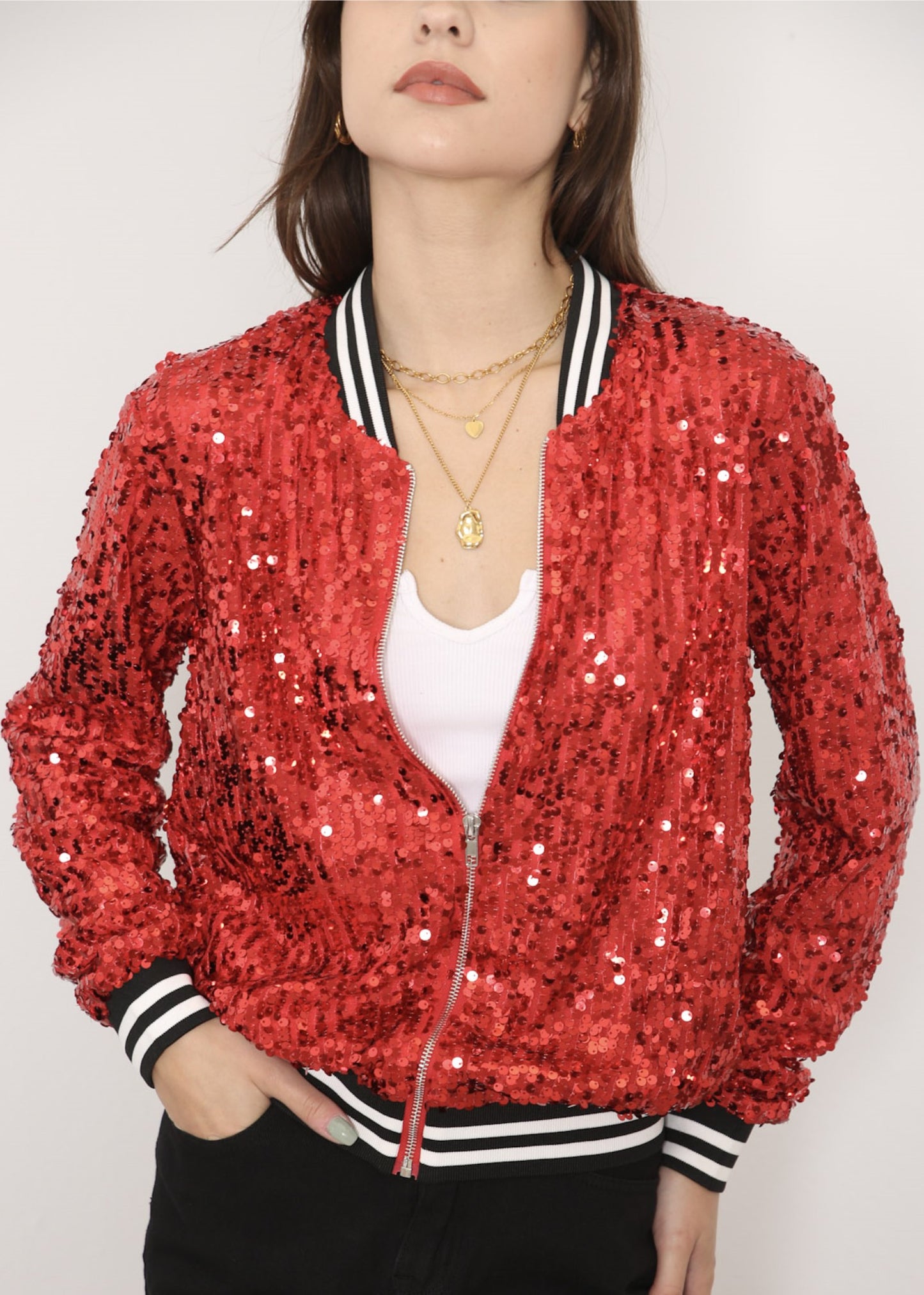 Sequin Bomber Zip-Up Jacket