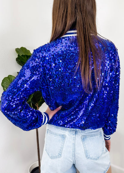 Chaqueta universitaria con lentejuelas metálicas a rayas