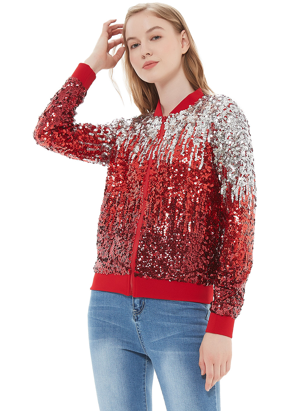 Chaqueta universitaria con lentejuelas metálicas a rayas