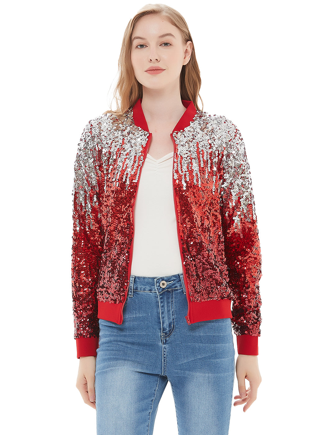 Chaqueta universitaria con lentejuelas metálicas a rayas