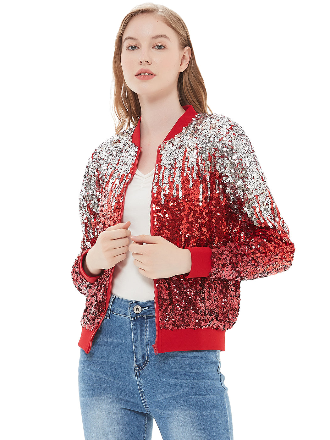 Chaqueta universitaria con lentejuelas metálicas a rayas
