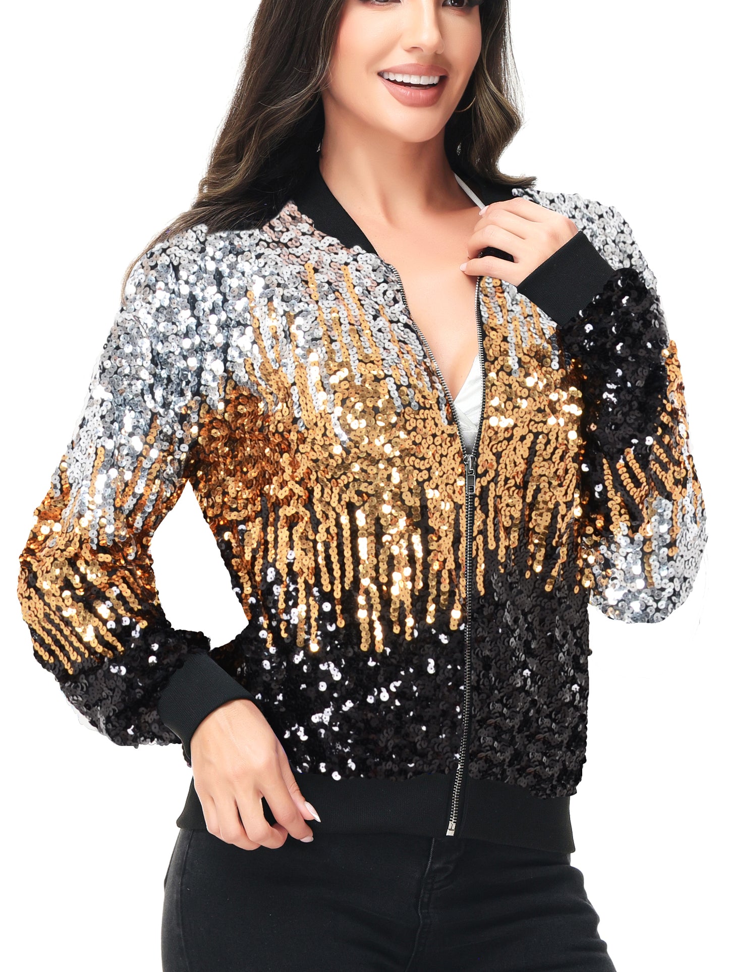 Sequin Bomber Zip-Up Jacket