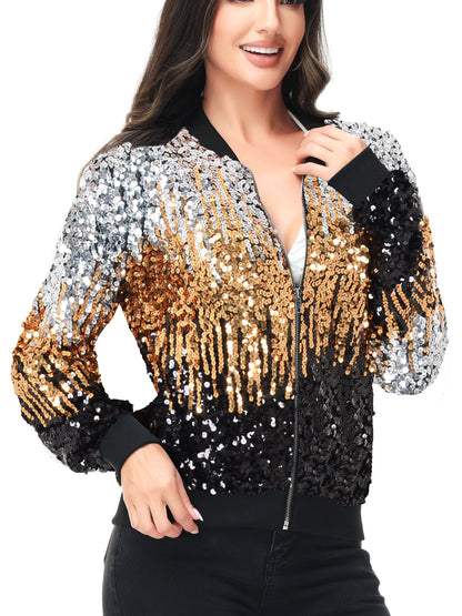 Sequin Bomber Zip-Up Jacket
