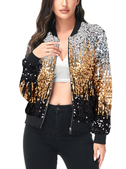 Sequin Bomber Zip-Up Jacket