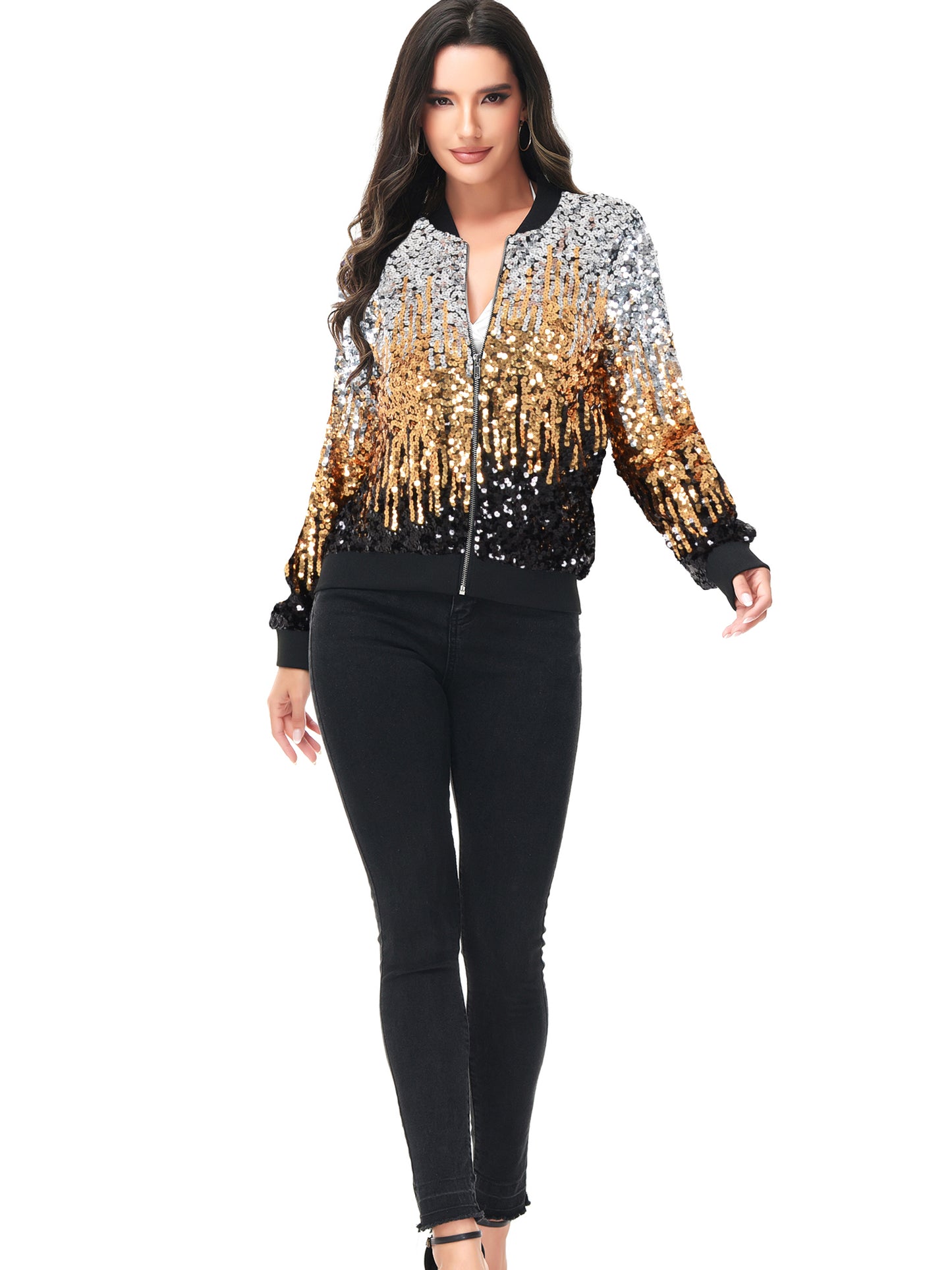 Sequin Bomber Zip-Up Jacket