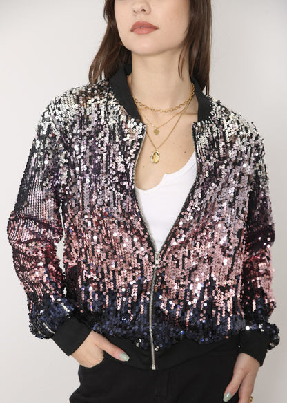 Sequin Bomber Zip-Up Jacket