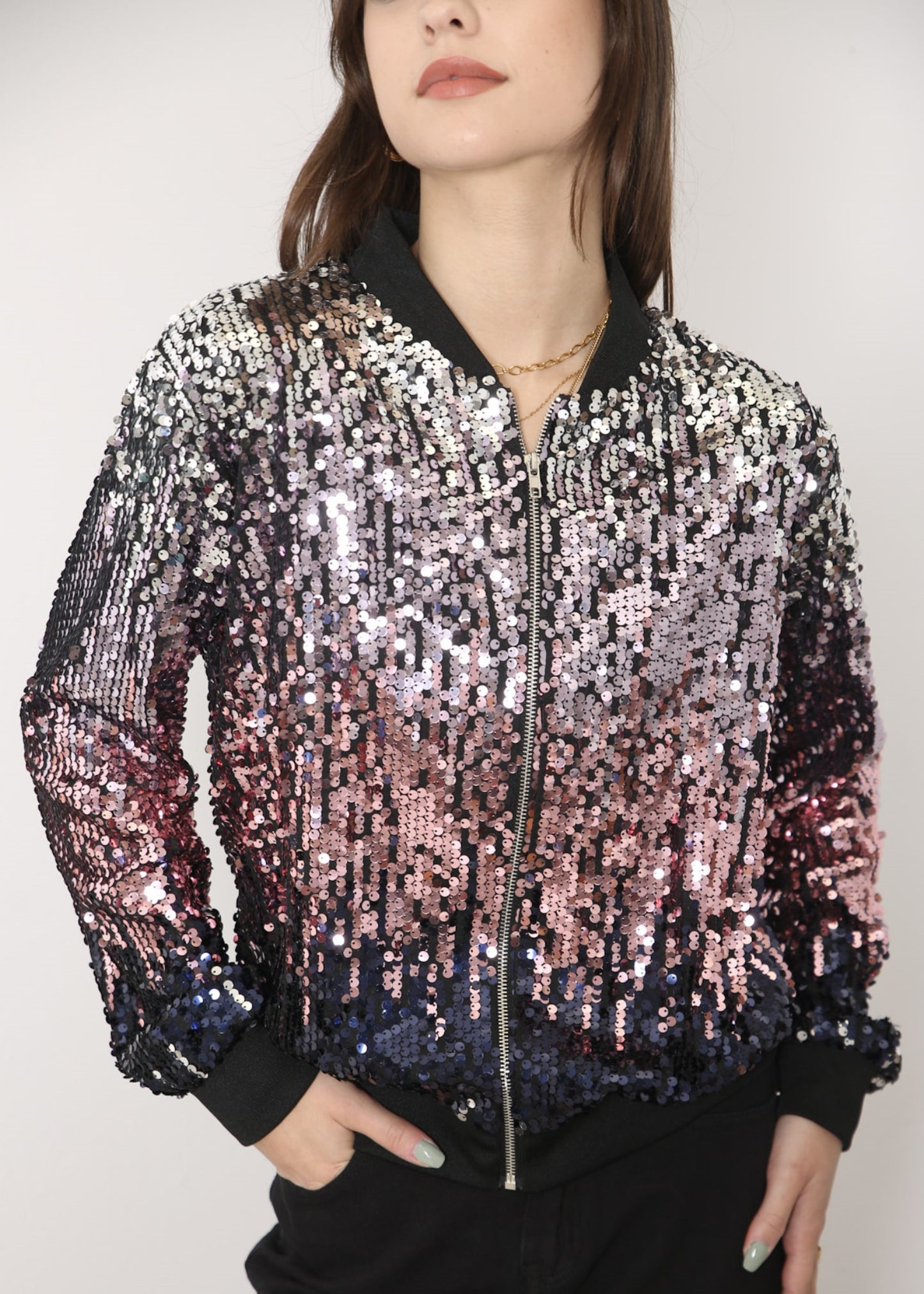 Sequin Bomber Zip-Up Jacket