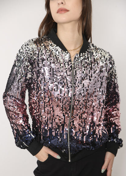 Sequin Bomber Zip-Up Jacket