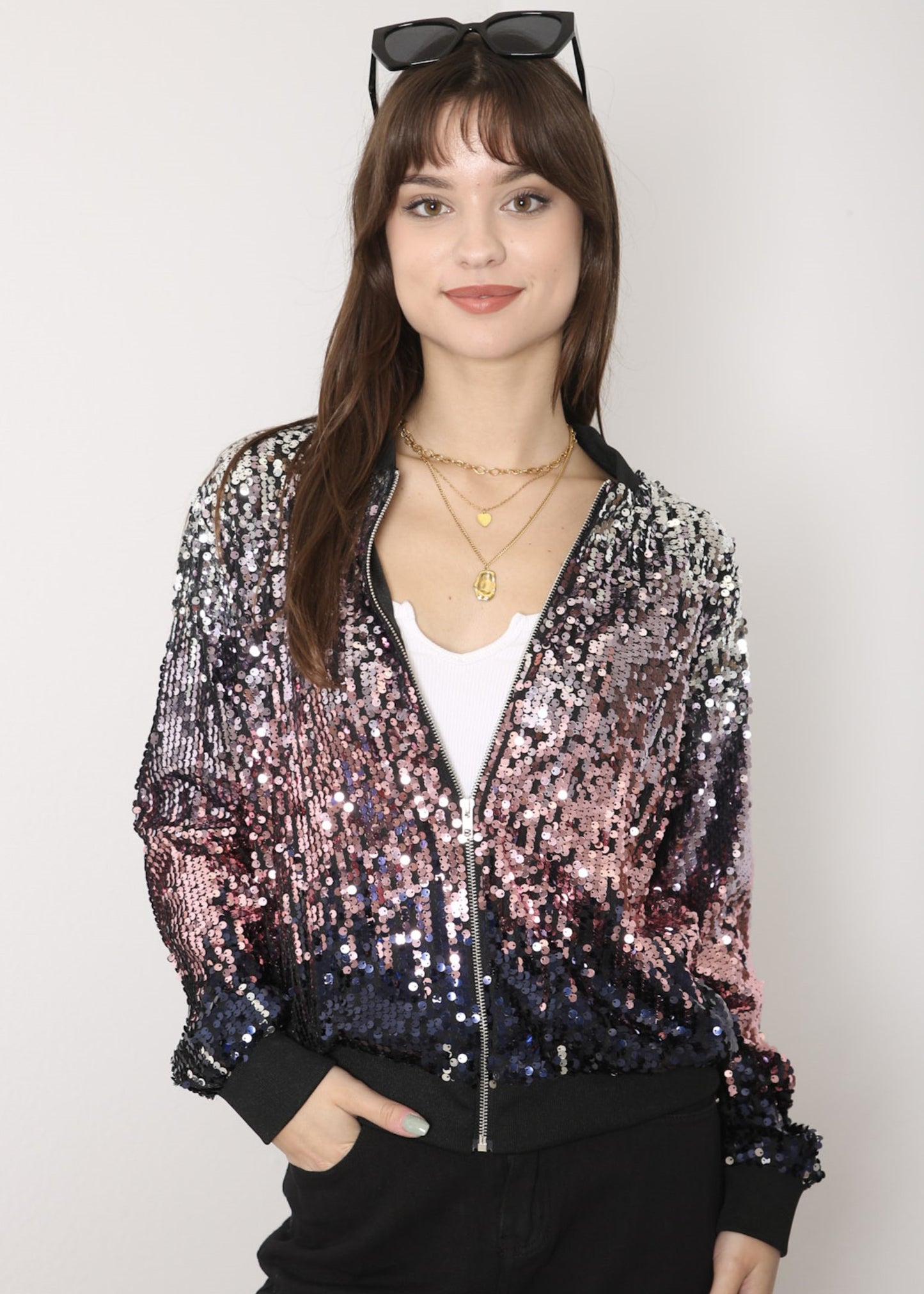 Sequin Bomber Zip-Up Jacket