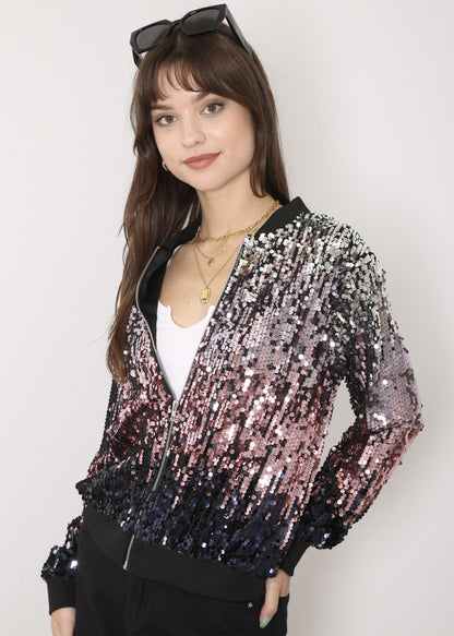 Sequin Bomber Zip-Up Jacket