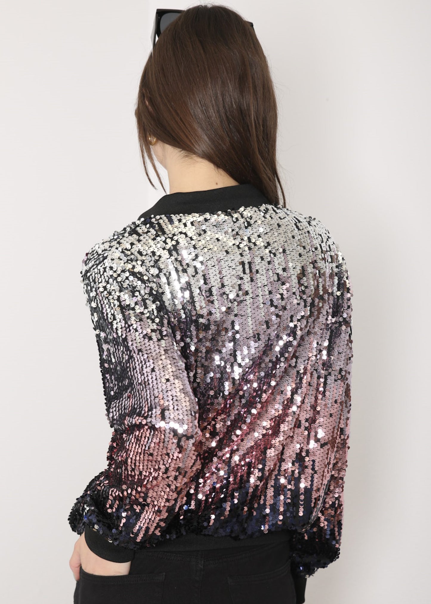 Sequin Bomber Zip-Up Jacket