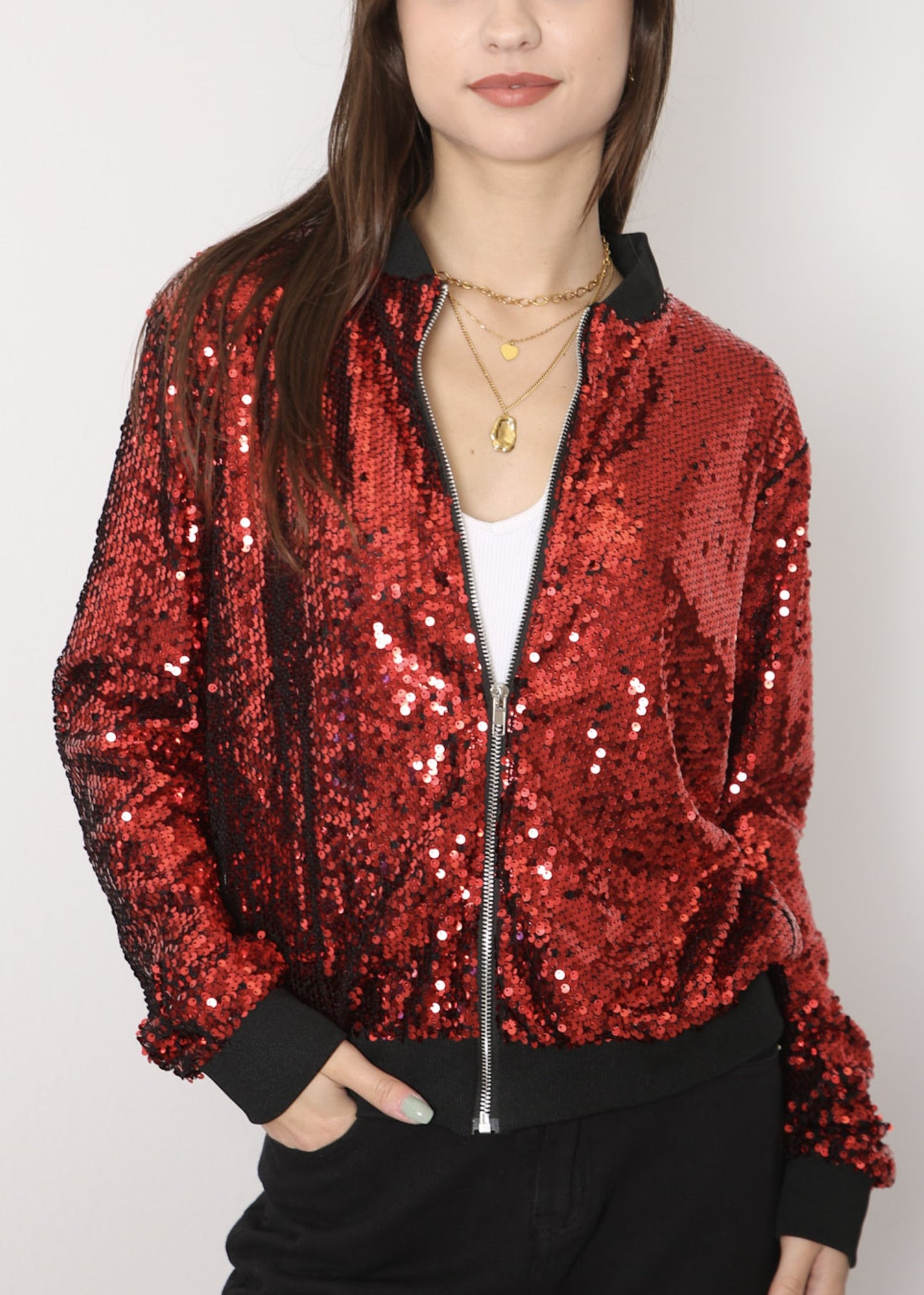 Chaqueta universitaria con lentejuelas metálicas a rayas