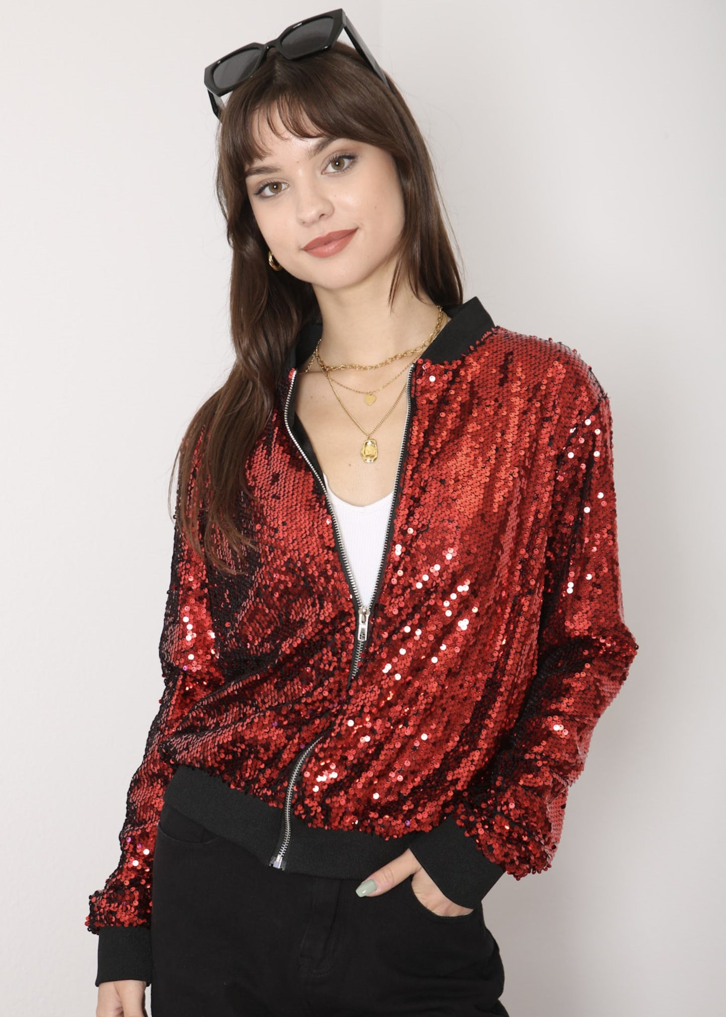 Chaqueta universitaria con lentejuelas metálicas a rayas