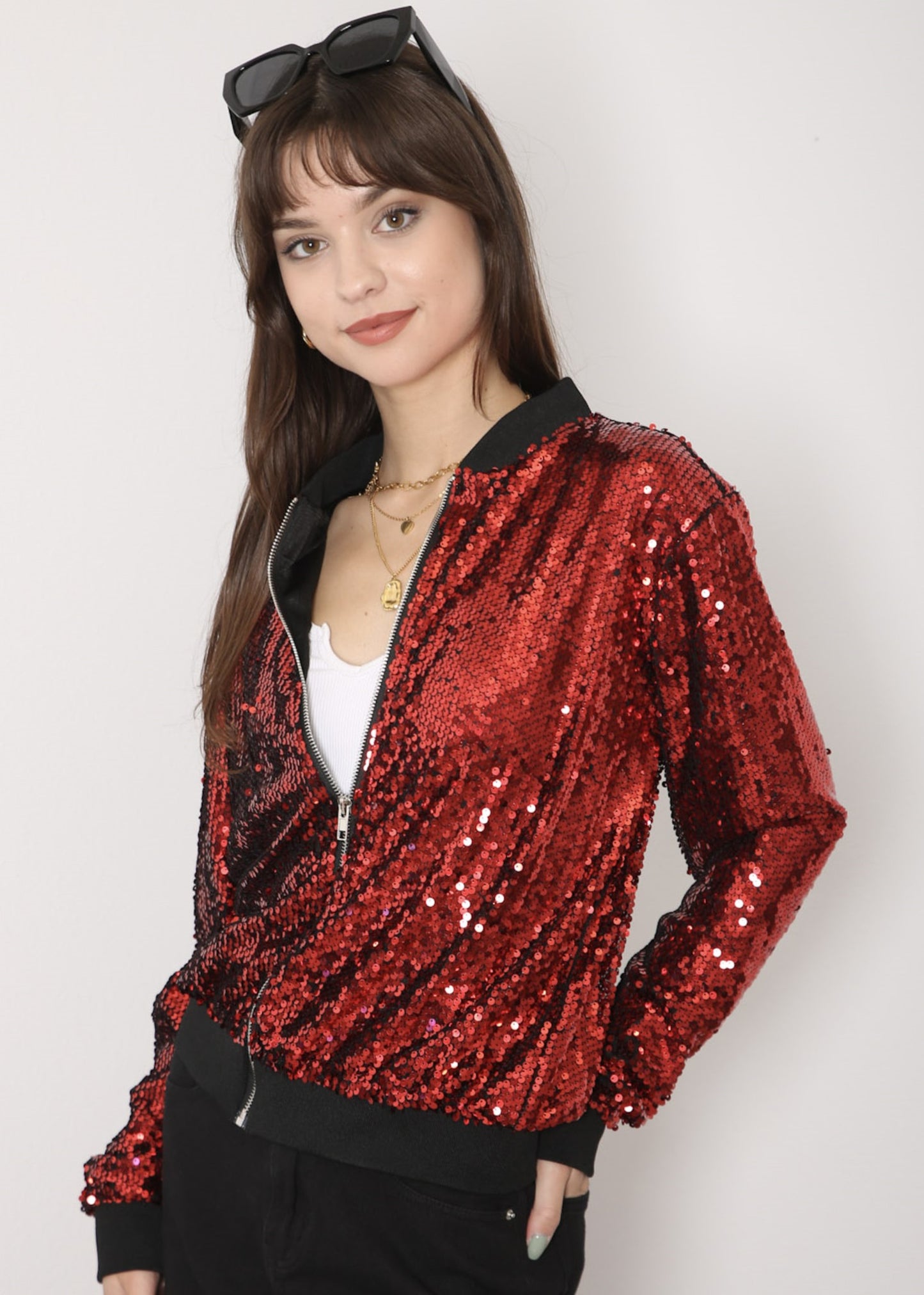 Chaqueta universitaria con lentejuelas metálicas a rayas