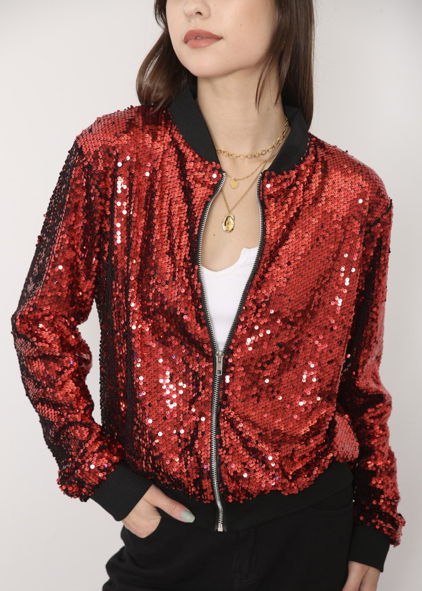Chaqueta universitaria con lentejuelas metálicas a rayas