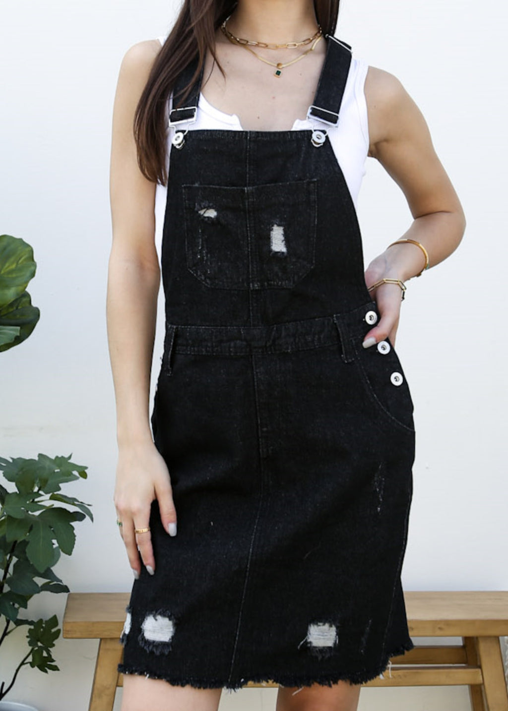 Anna-Kaci Distressed Denim Overall Midi Dress - Black