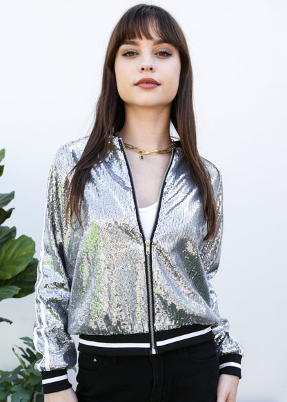 Chaqueta universitaria con lentejuelas metálicas a rayas