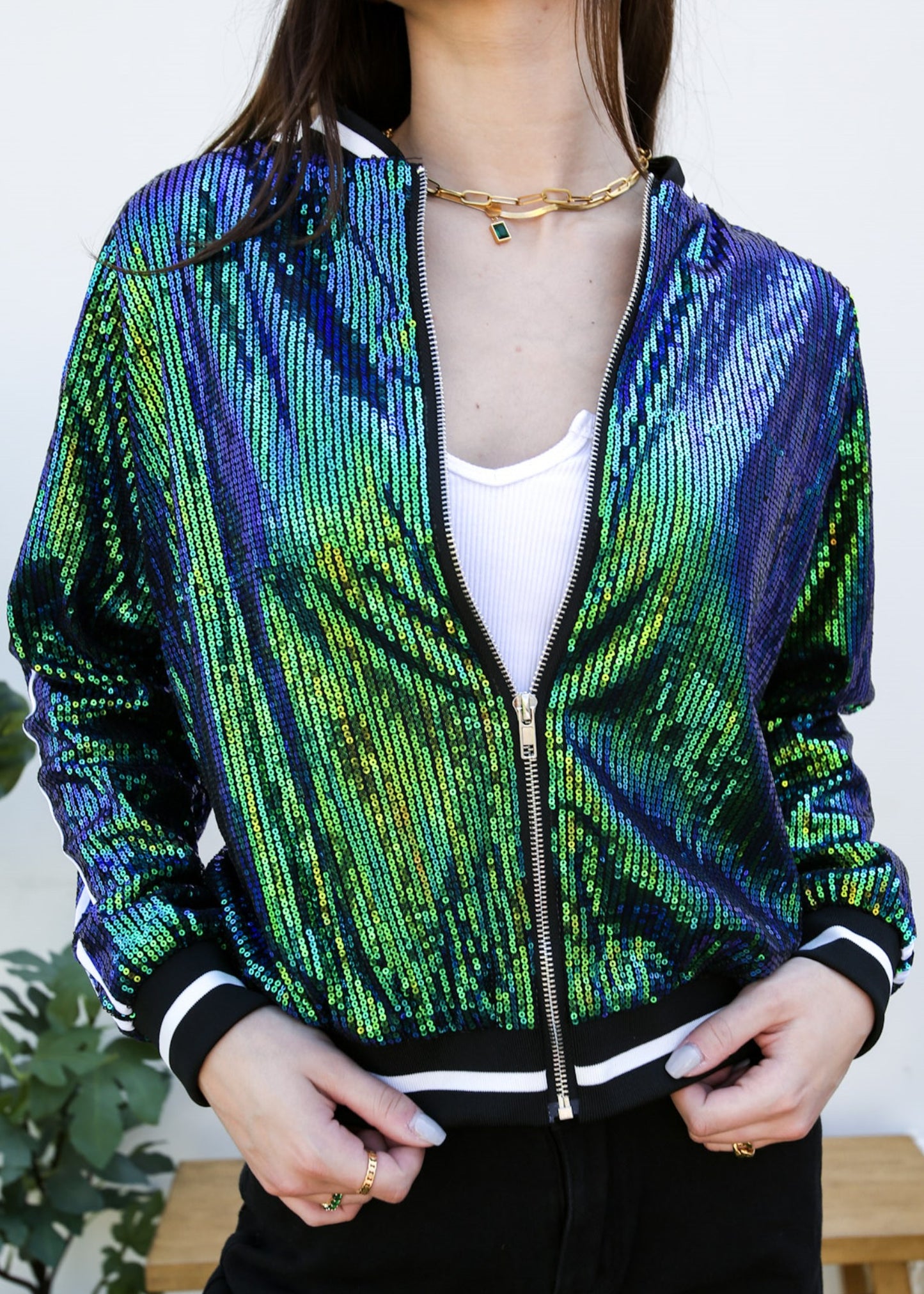 Chaqueta universitaria con lentejuelas metálicas a rayas