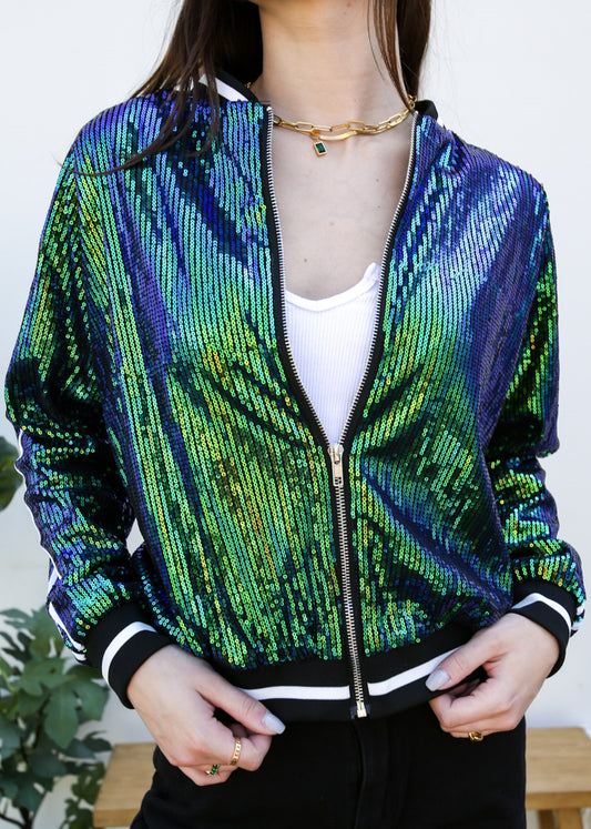 Chaqueta universitaria con lentejuelas metálicas a rayas