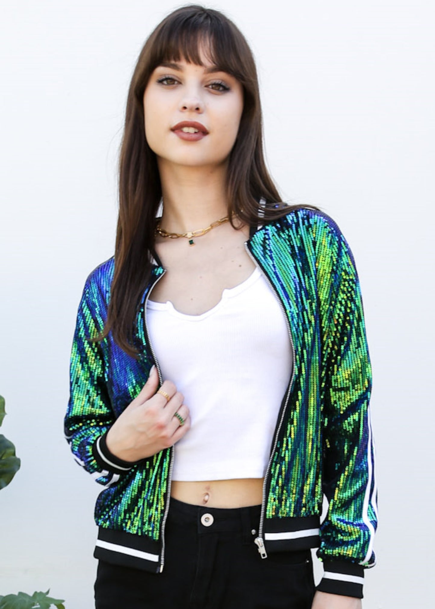 Chaqueta universitaria con lentejuelas metálicas a rayas