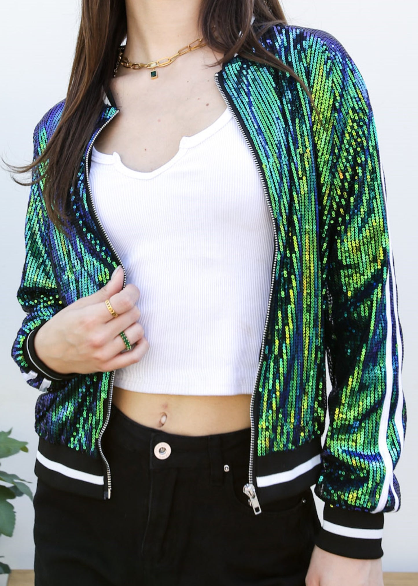 Chaqueta universitaria con lentejuelas metálicas a rayas