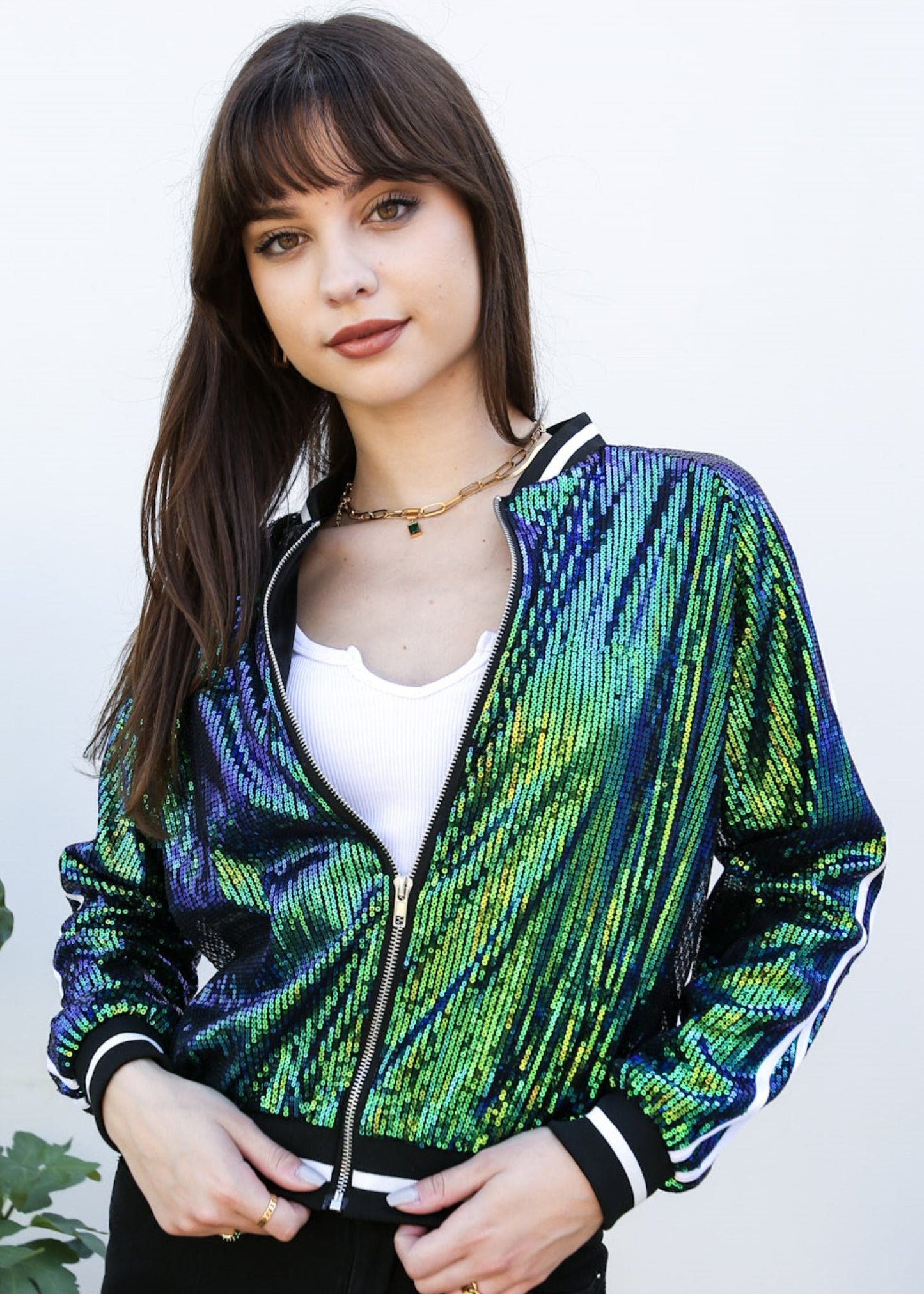 Chaqueta universitaria con lentejuelas metálicas a rayas